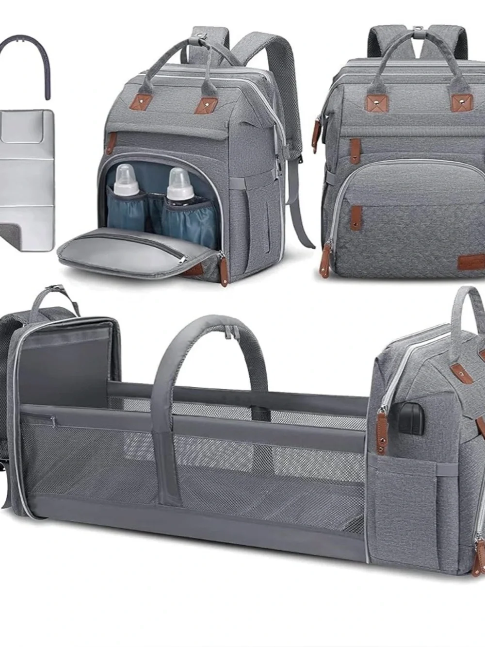 Diaper bag backpack with changing station and USB ports.